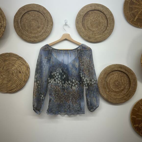 Vintage Y2K 2000s FANG Blue Flower Floral Tie Neck Sheer Blouse Top Medium Boho - Picture 3 of 6